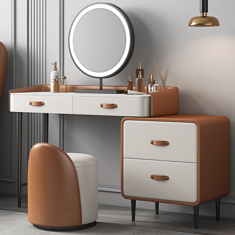 Stone Top Make-up Vanity Orange Solid Wood Vanity Dressing Table Set