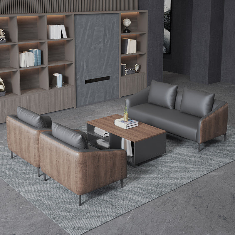Sloped Arm Sofa in Black with Pillows Leather Stain Resistant Sofa