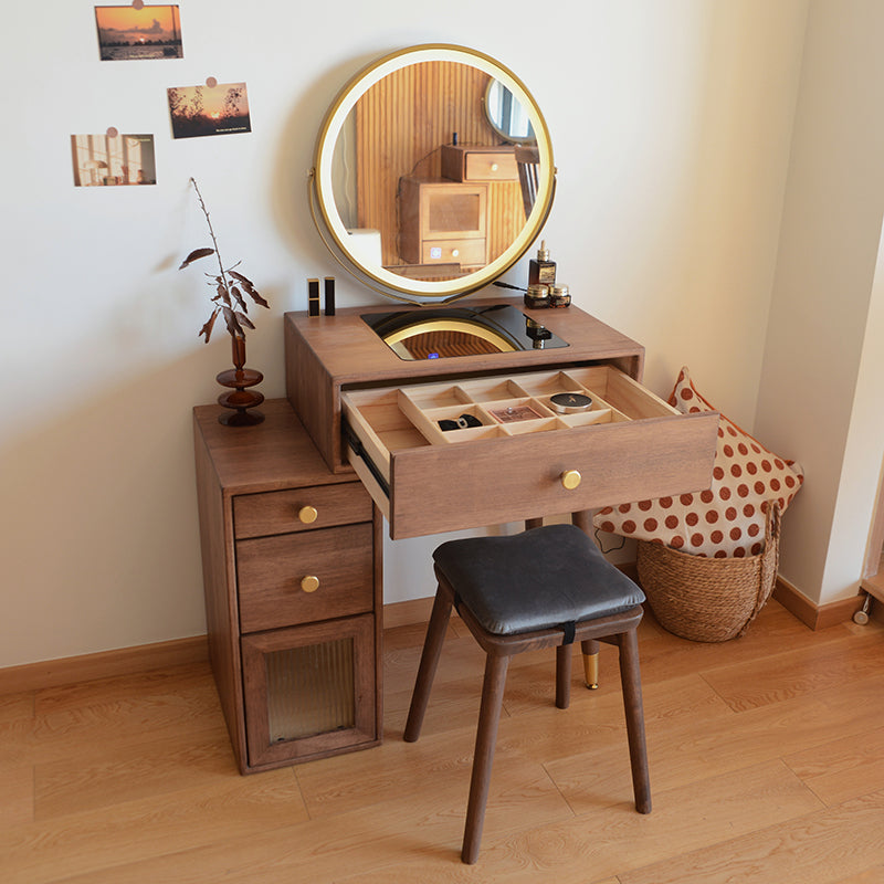 Solid Wood Dresser Table Storage Box Vanity Set with Makeup Table and Stool