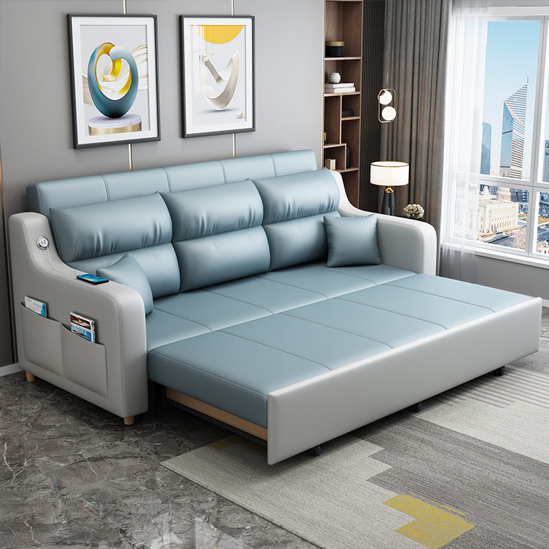 Blue Convertible Sofa Bed Sewn Pillow Back Sofa with Storage
