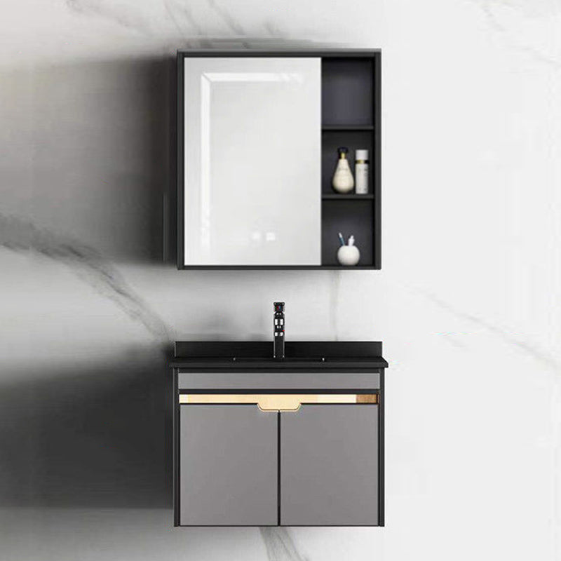2 Doors Vanity Set Mirror Grey Wall Mount Rectangle Metal Bath Vanity with Single Sink