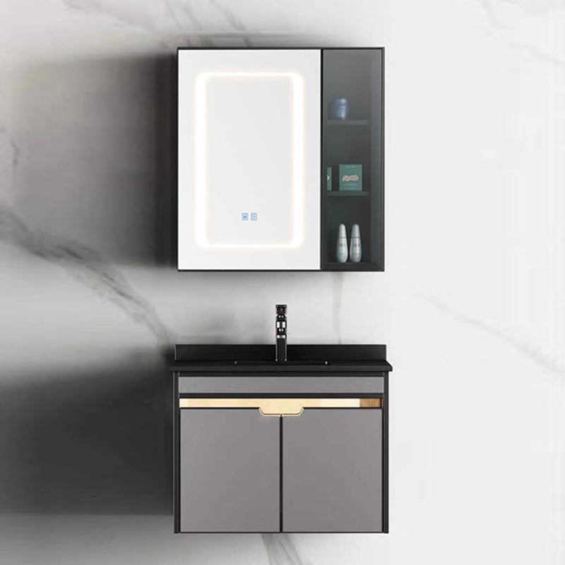 2 Doors Vanity Set Mirror Grey Wall Mount Rectangle Metal Bath Vanity with Single Sink