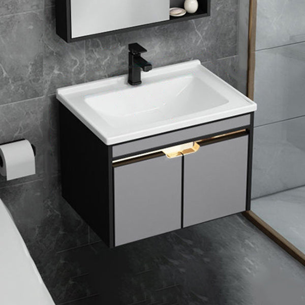 2 Doors Vanity Set Mirror Grey Wall Mount Rectangle Metal Bath Vanity with Single Sink