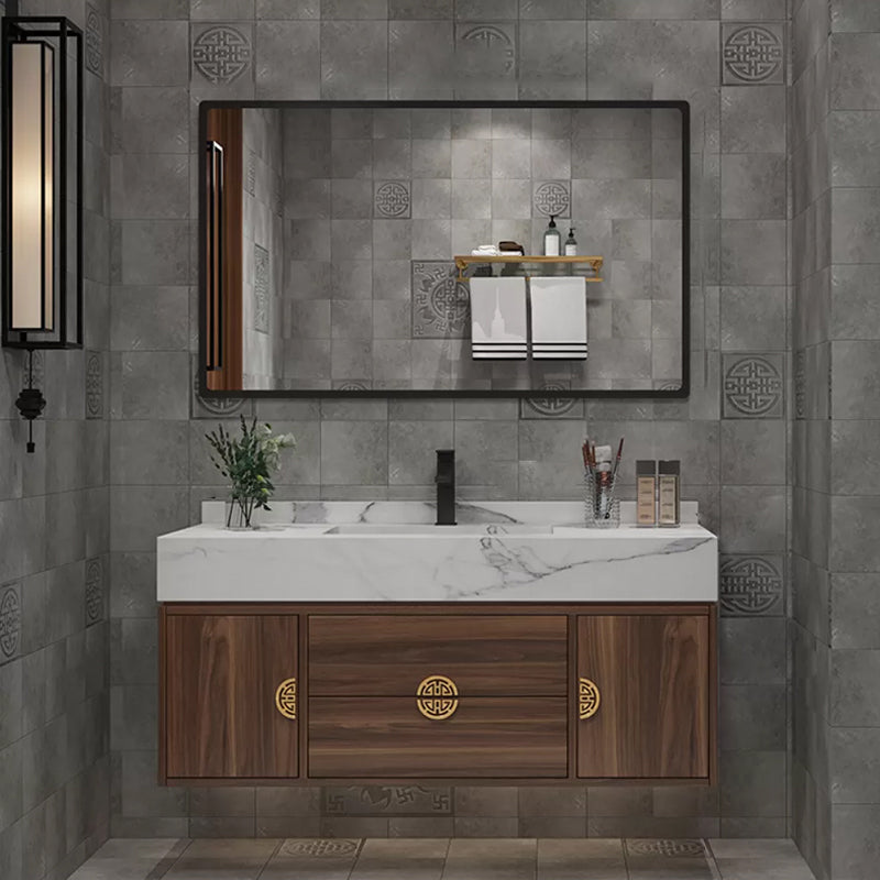 Wood Frame Vanity 2 Drawers Wall Mount Single Sink Rectangle Bathroom Vanity with Mirror