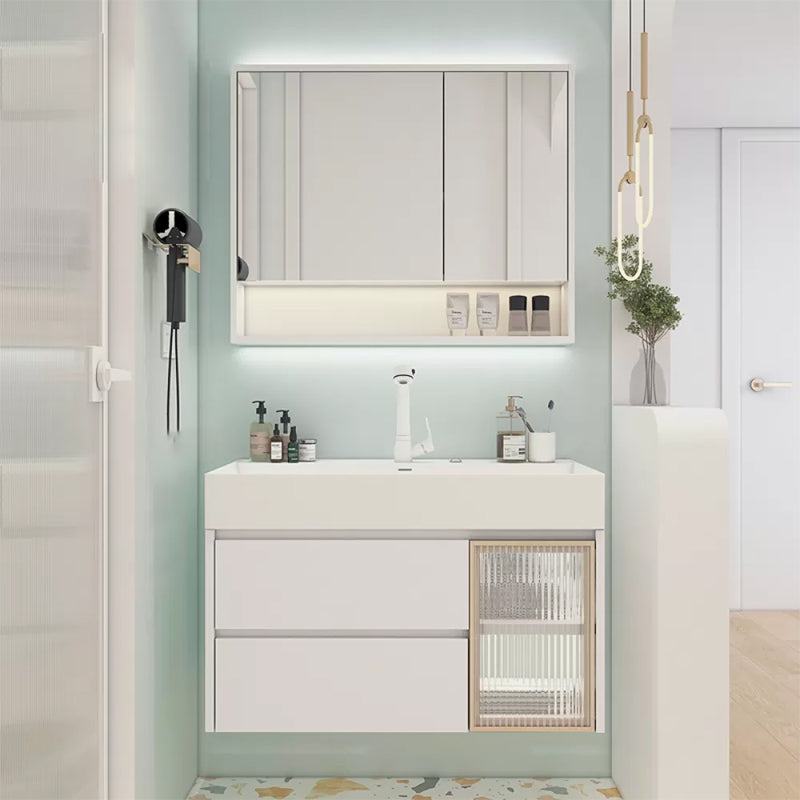 White Bathroom Vanity Mirror Rectangle Single Sink Wall Mount 2 Drawers Vanity with Door