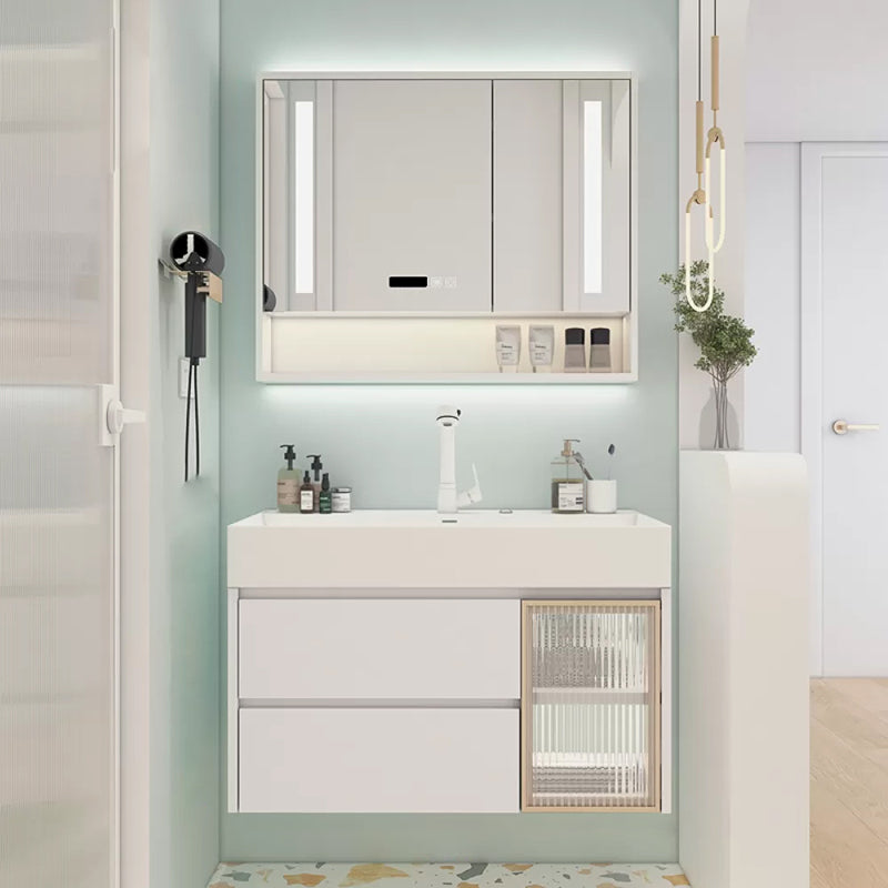 White Bathroom Vanity Mirror Rectangle Single Sink Wall Mount 2 Drawers Vanity with Door