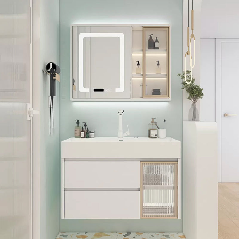 White Bathroom Vanity Mirror Rectangle Single Sink Wall Mount 2 Drawers Vanity with Door