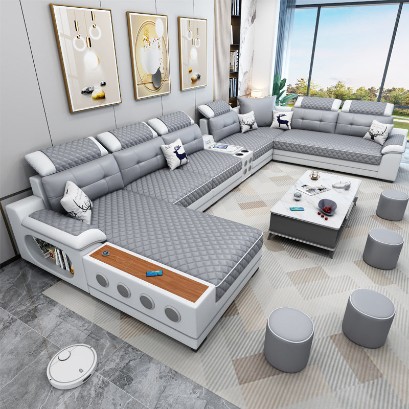 French Country Faux Leather Sectional Sofa with Pillow Top Arms