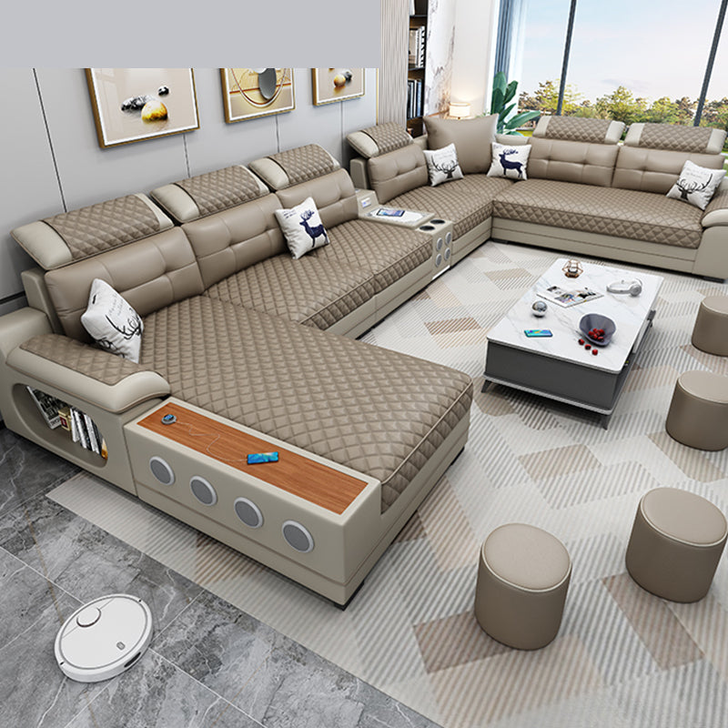 French Country Faux Leather Sectional Sofa with Pillow Top Arms