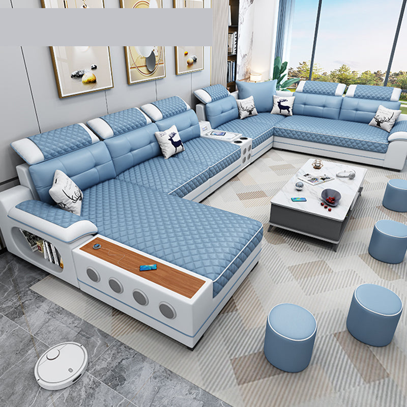 French Country Faux Leather Sectional Sofa with Pillow Top Arms