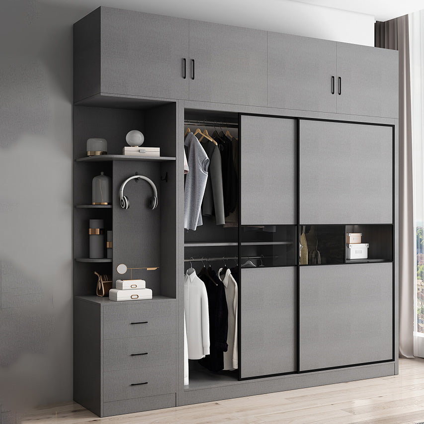 Gray Colour Wooden Wardrobe Rod Included Wardrobe Wardrobe Closet with Sliding Door