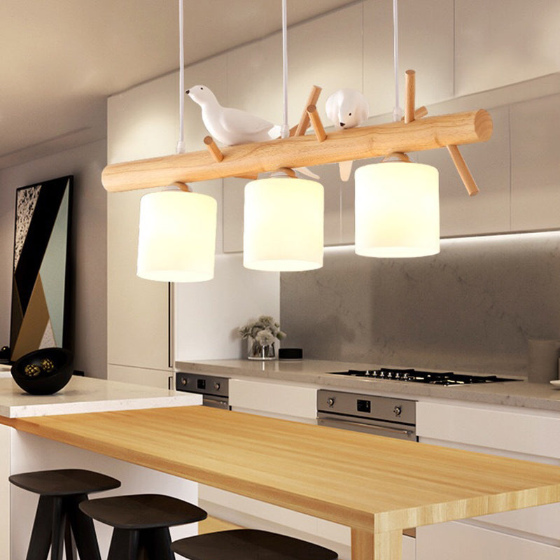 Wood Island Lamp Modern Island Hanging Light with Glass Shade for Dining Room