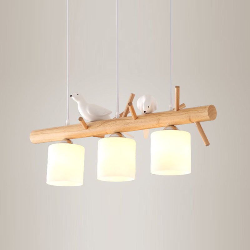 Wood Island Lamp Modern Island Hanging Light with Glass Shade for Dining Room