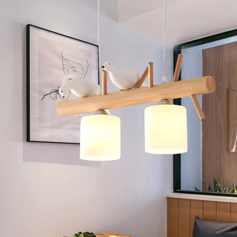 Wood Island Lamp Modern Island Hanging Light with Glass Shade for Dining Room