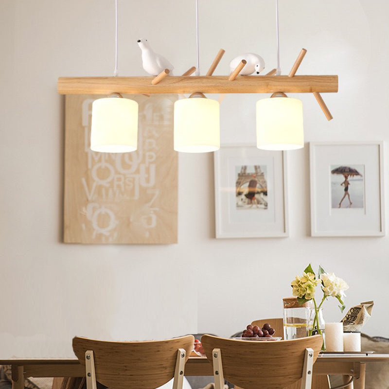 Wood Island Lamp Modern Island Hanging Light with Glass Shade for Dining Room