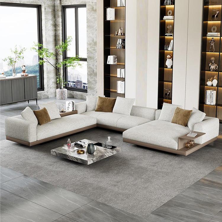 Farmhouse Sectional Sofa with Square Arms in Beige Linen Blend