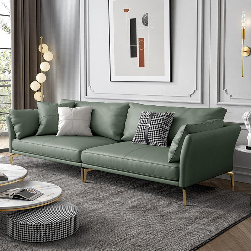 Genuine Leather Flared Arm Sofa Luxurious Green Sofa with Pillows