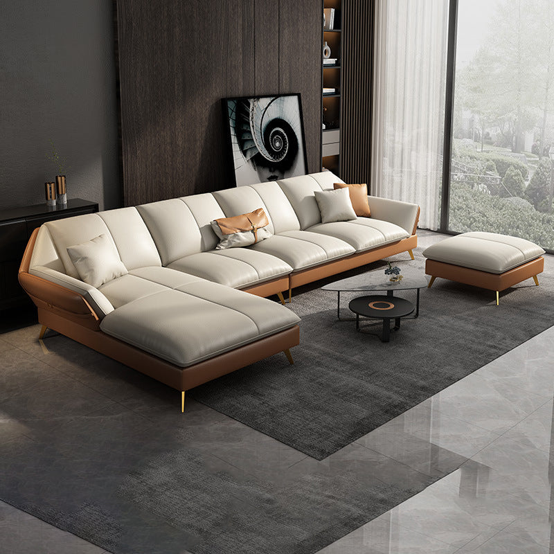 32"H Glam Sectional Sofa White Leather Cushion Back Sleeper Sectional