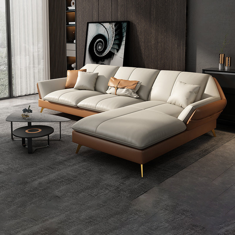 32"H Glam Sectional Sofa White Leather Cushion Back Sleeper Sectional