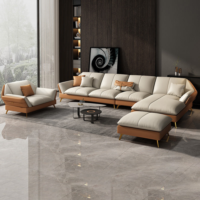 32"H Glam Sectional Sofa White Leather Cushion Back Sleeper Sectional