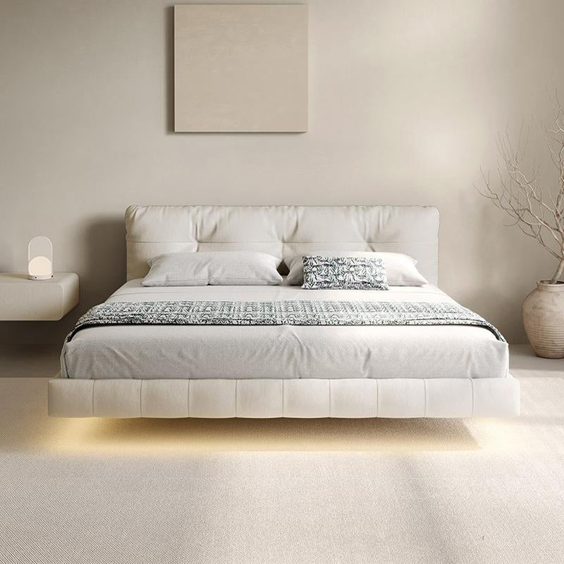 Genuine Leather Upholstered Platform Bed Light Beige Bed Frame