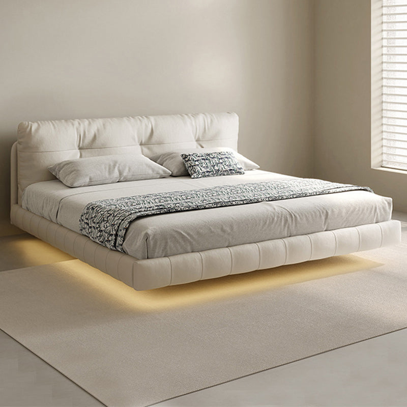 Genuine Leather Upholstered Platform Bed Light Beige Bed Frame