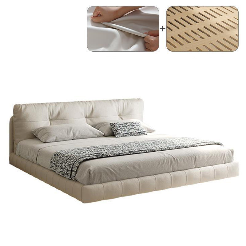 Genuine Leather Upholstered Platform Bed Light Beige Bed Frame