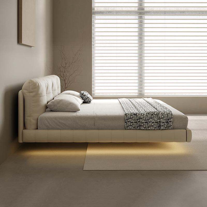 Genuine Leather Upholstered Platform Bed Light Beige Bed Frame