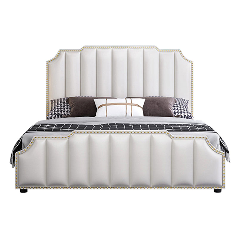 Luxurious Leather Bed Beige Upholstered Bed Frame with Nailhead Trim