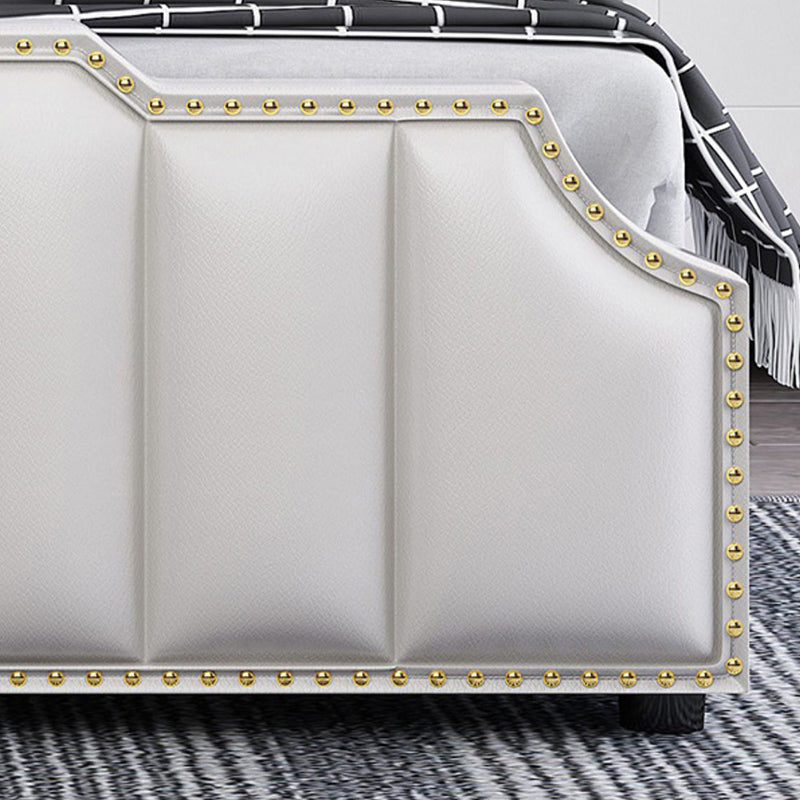 Luxurious Leather Bed Beige Upholstered Bed Frame with Nailhead Trim