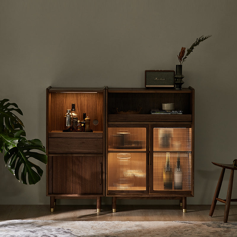 Storage Solid Wood Glass Door Cabinet Mid Century Chest in Walnut