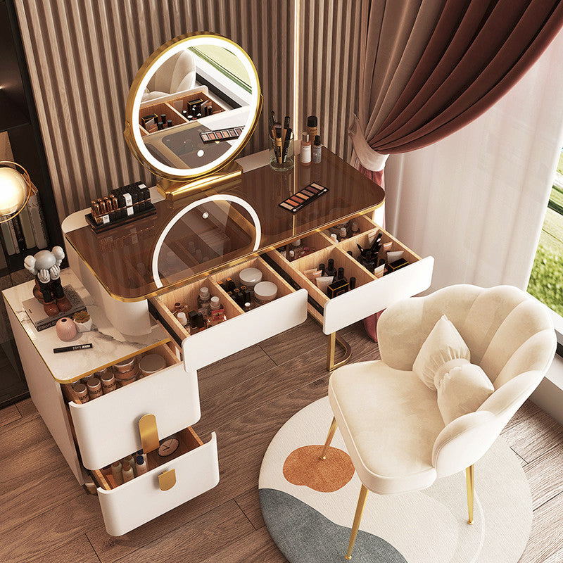Glass Top Make-up Vanity Wood Dressing Table with Storage Drawers