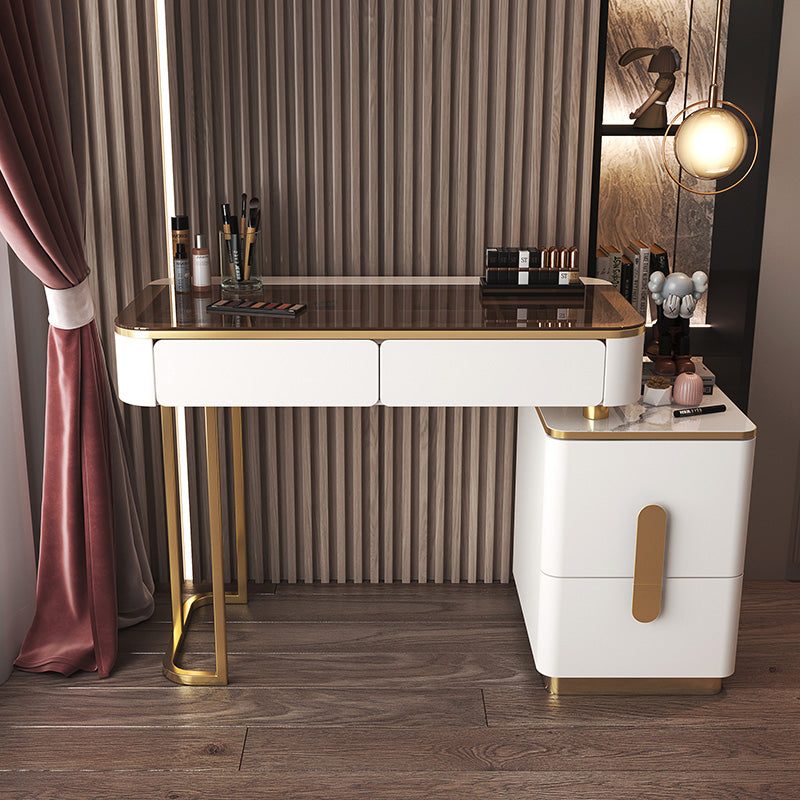 Glass Top Make-up Vanity Wood Dressing Table with Storage Drawers