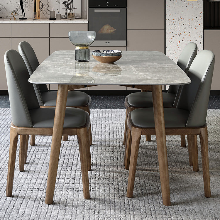 Mid-Century Modern Stone Dining Table Rectangle Dining Table with Solid Wood Legs