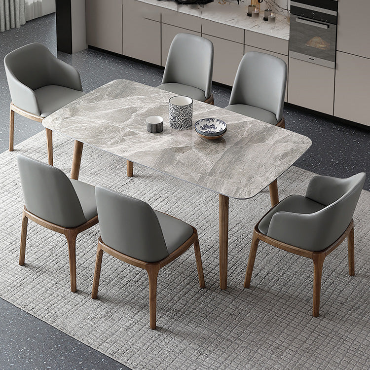 Mid-Century Modern Stone Dining Table Rectangle Dining Table with Solid Wood Legs
