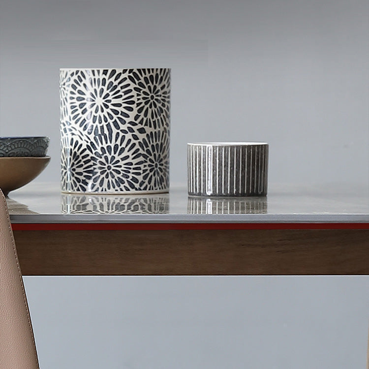 Mid-Century Modern Stone Dining Table Rectangle Dining Table with Solid Wood Legs