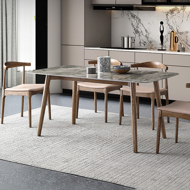 Mid-Century Modern Stone Dining Table Rectangle Dining Table with Solid Wood Legs