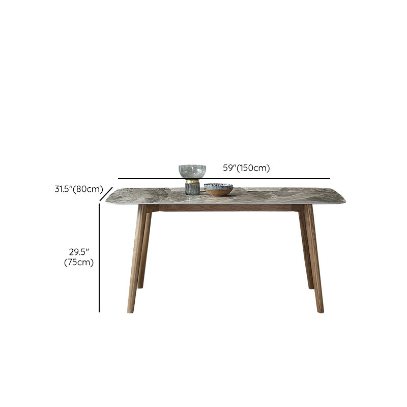 Mid-Century Modern Stone Dining Table Rectangle Dining Table with Solid Wood Legs