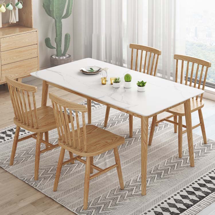 Mid-Century Dining Table with Ash Wood Frame White Stone Top Table