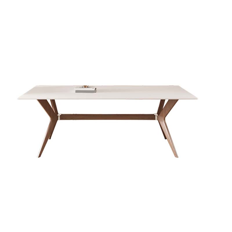 White Mid-Century Dining Table Stone Top Table with Wooden Frame for Home