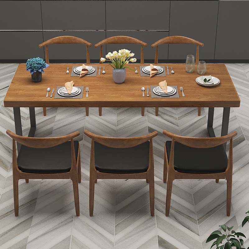 Brown Dinette Table with Metal Frame Industrial Solid Wood Top Dining Table