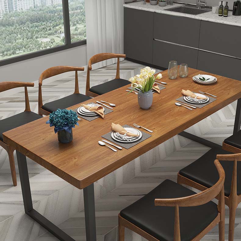 Brown Dinette Table with Metal Frame Industrial Solid Wood Top Dining Table