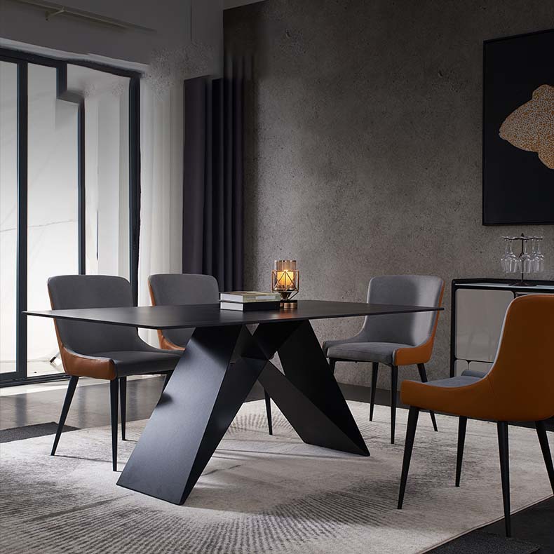 Black Industrial Rectangle Dining Table Stone Top Table with Metal Base