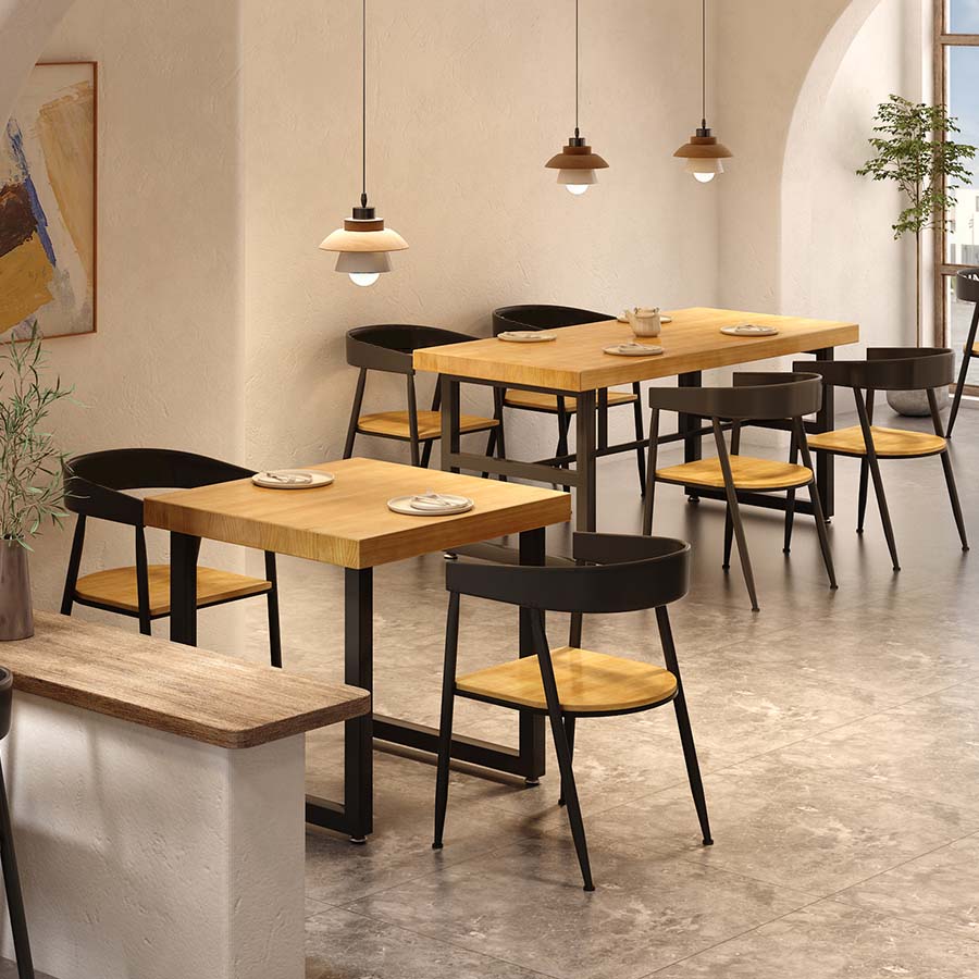 Natural Finish Table with Metal Frame Industrial Solid Wood Top Dining Table