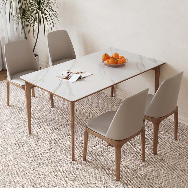 White Stone Top Table with Ash Wood Legs Mid-Century Modern Dining Table