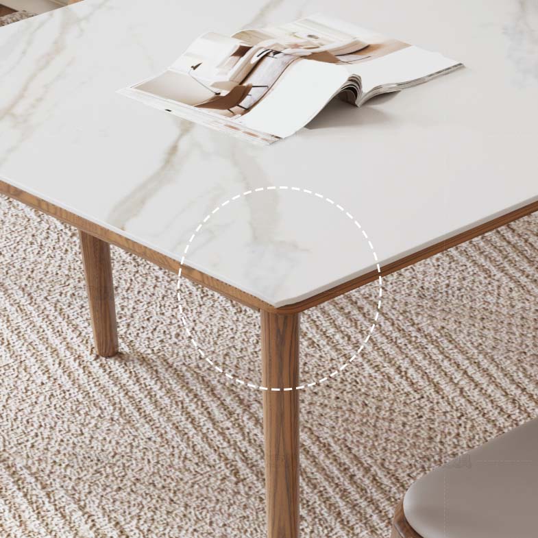 White Stone Top Table with Ash Wood Legs Mid-Century Modern Dining Table