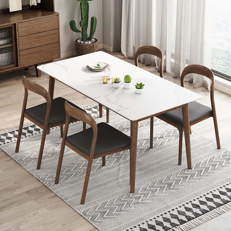 Solid Wood Frame Mid-Century Dining Table White Stone Top Table