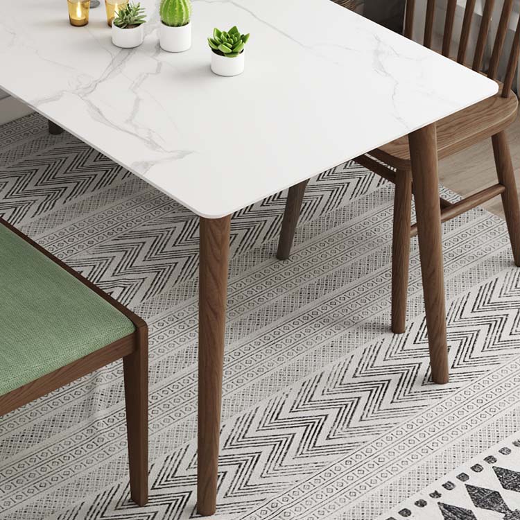 Solid Wood Frame Mid-Century Dining Table White Stone Top Table