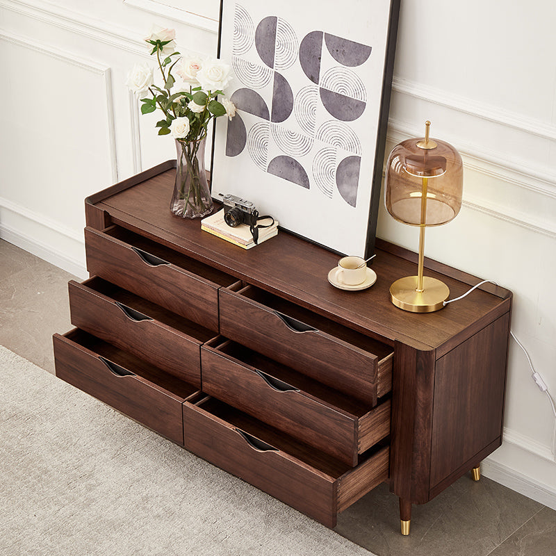 Mid-Century Modern Brown Accent Chest with 6 Soft Close Drawers