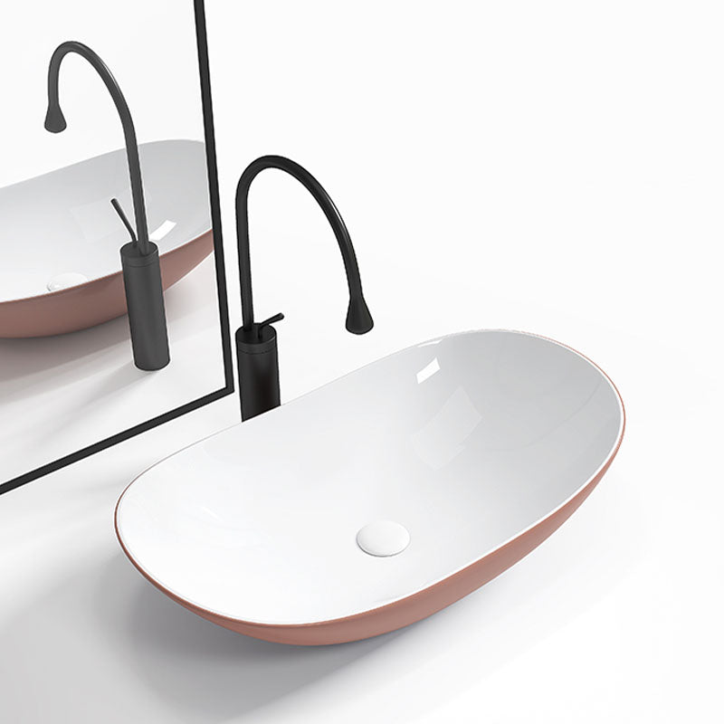 Modern Basin Sink Oval Porcelain with Pop-Up Drain Vessel Bathroom Sink